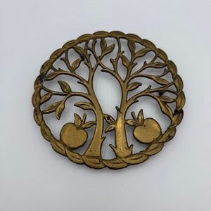 Vintage Brass Tree of Life Trivet Apple Tree Round Metal Pot Rest 6.25 Inch